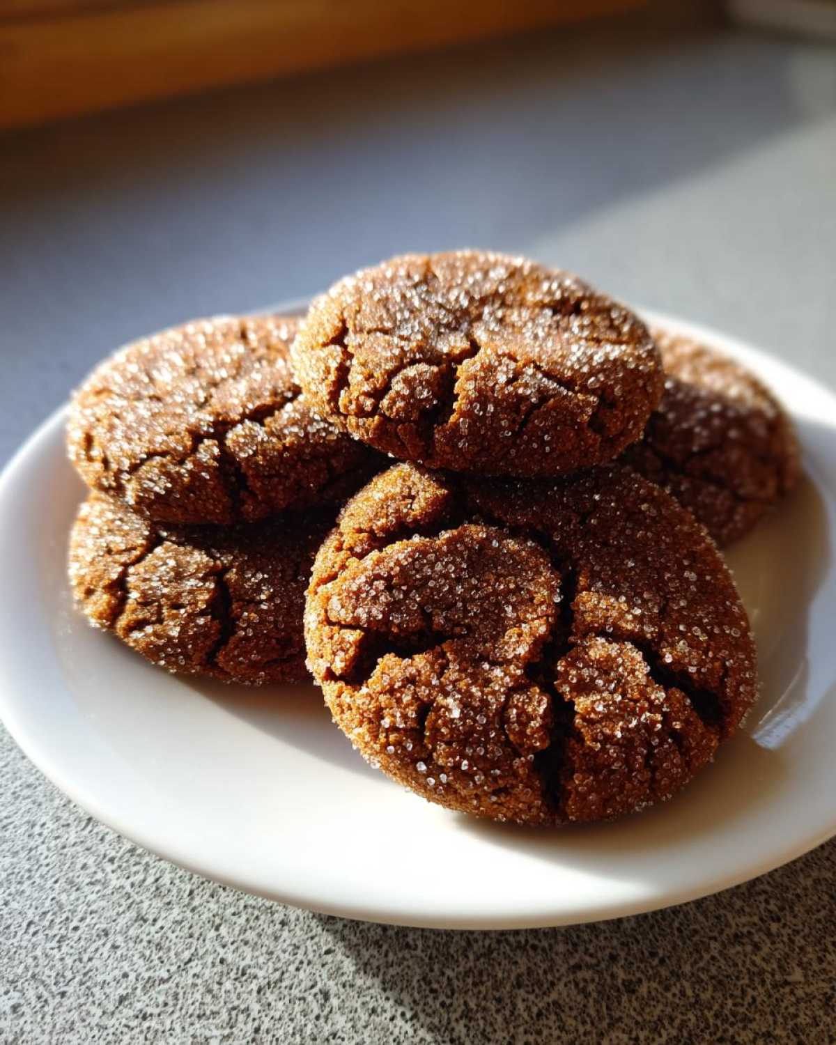 A stack of soft, crinkled ginger molasses cookies coated in sparkling sugar resting on a white plate.