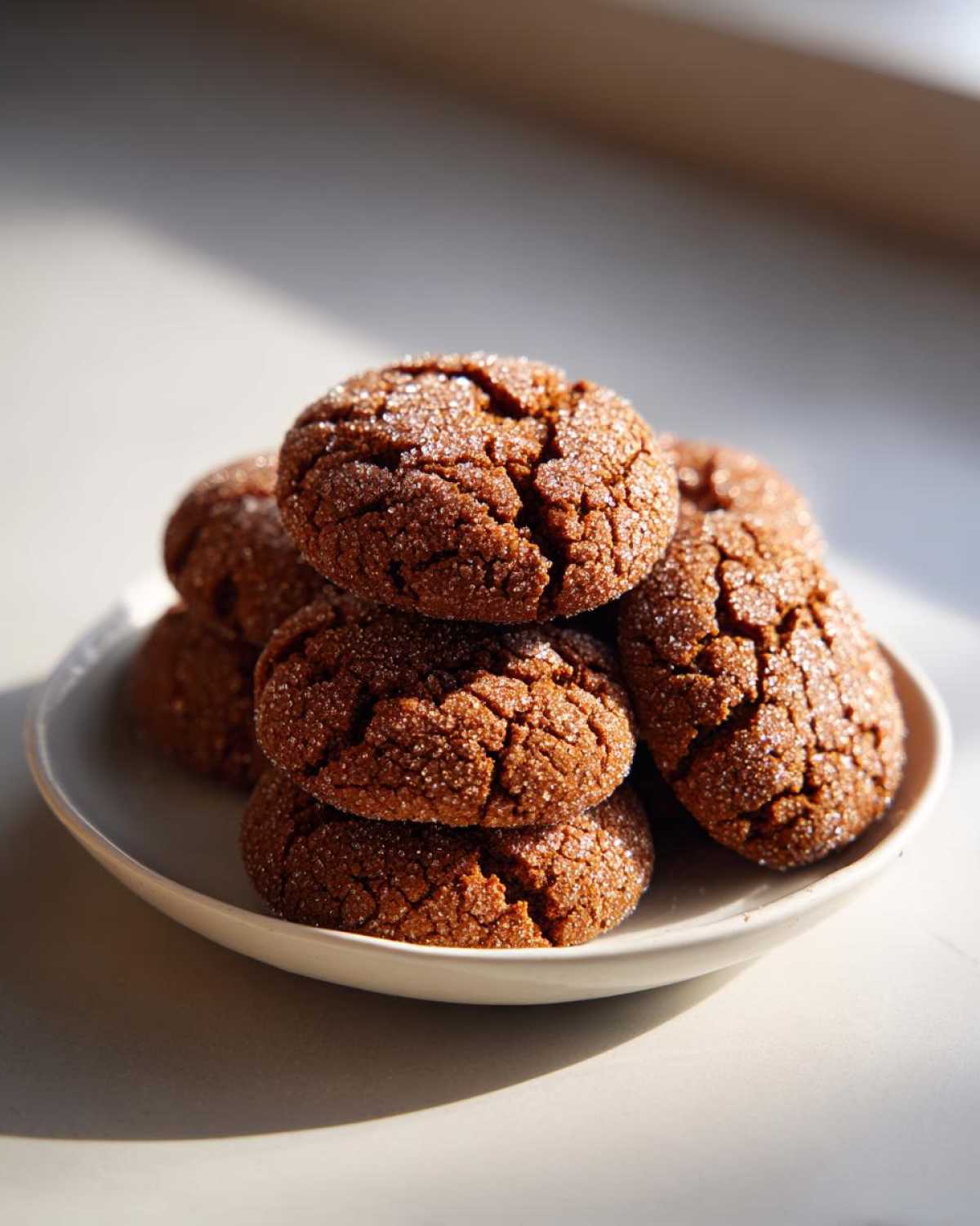 A stack of soft and chewy ginger molasses cookies coated in sugar, sitting on a small white plate.