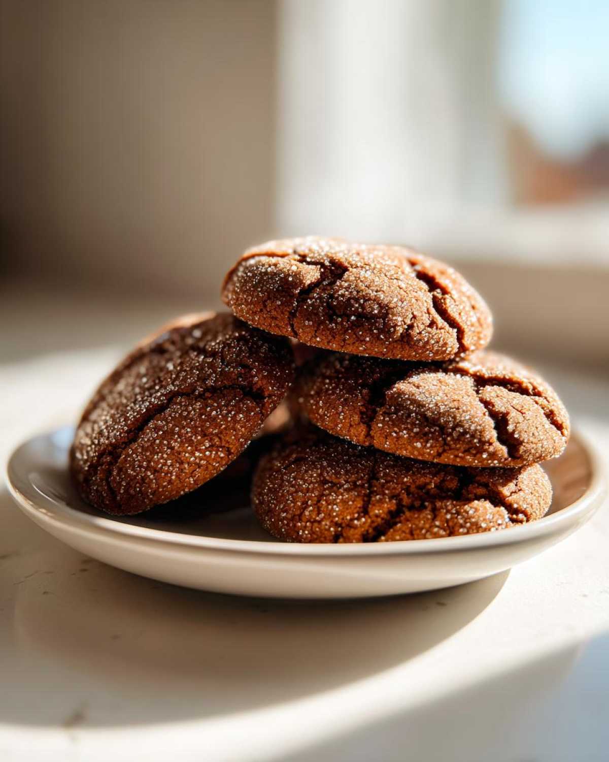 A stack of five soft and chewy ginger molasses cookies coated in sugar, sitting on a small white plate.