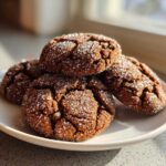 A close-up of four soft and chewy ginger molasses cookies, heavily coated in sparkling sugar, stacked on a white plate.