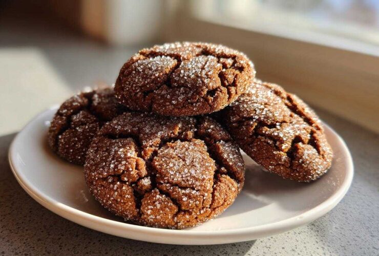 A close-up of four soft and chewy ginger molasses cookies, heavily coated in sparkling sugar, stacked on a white plate.