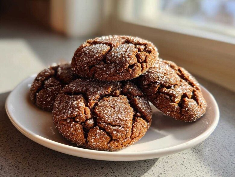 A close-up of four soft and chewy ginger molasses cookies, heavily coated in sparkling sugar, stacked on a white plate.