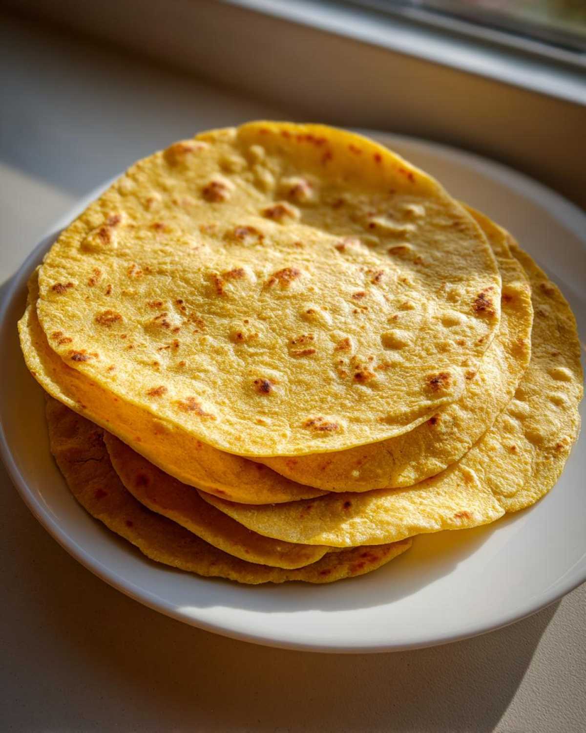 A stack of warm, yellow, freshly made soft corn tortillas with light brown char marks, resting on a white plate.