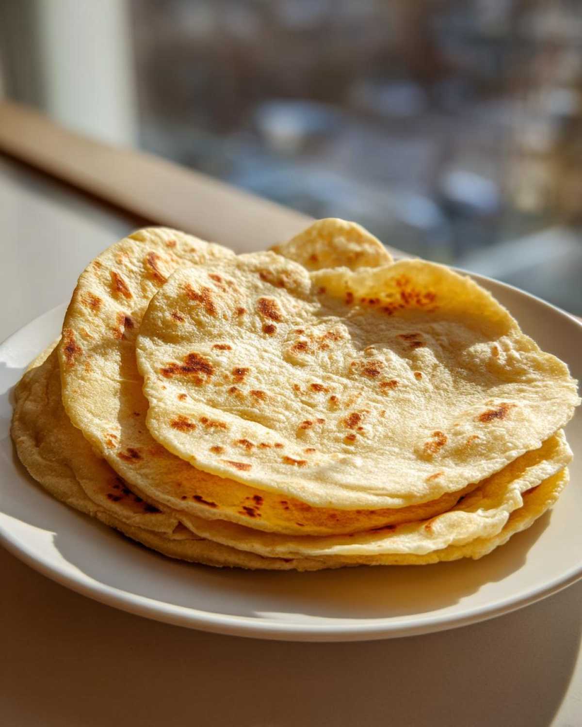 A stack of freshly made, soft corn tortillas with light brown char marks resting on a white plate.