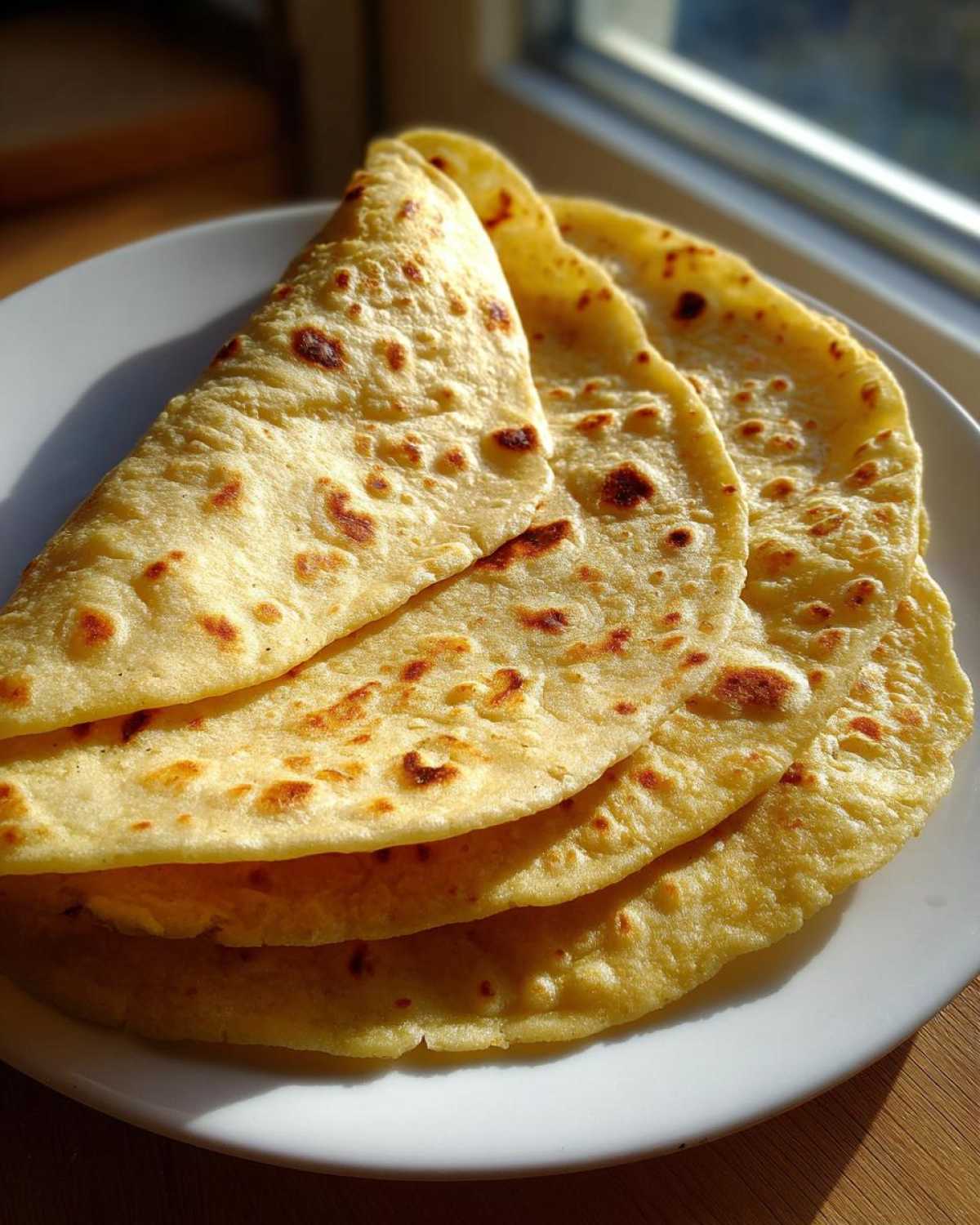 A stack of three freshly made, soft corn tortillas with light brown char marks, resting on a white plate.