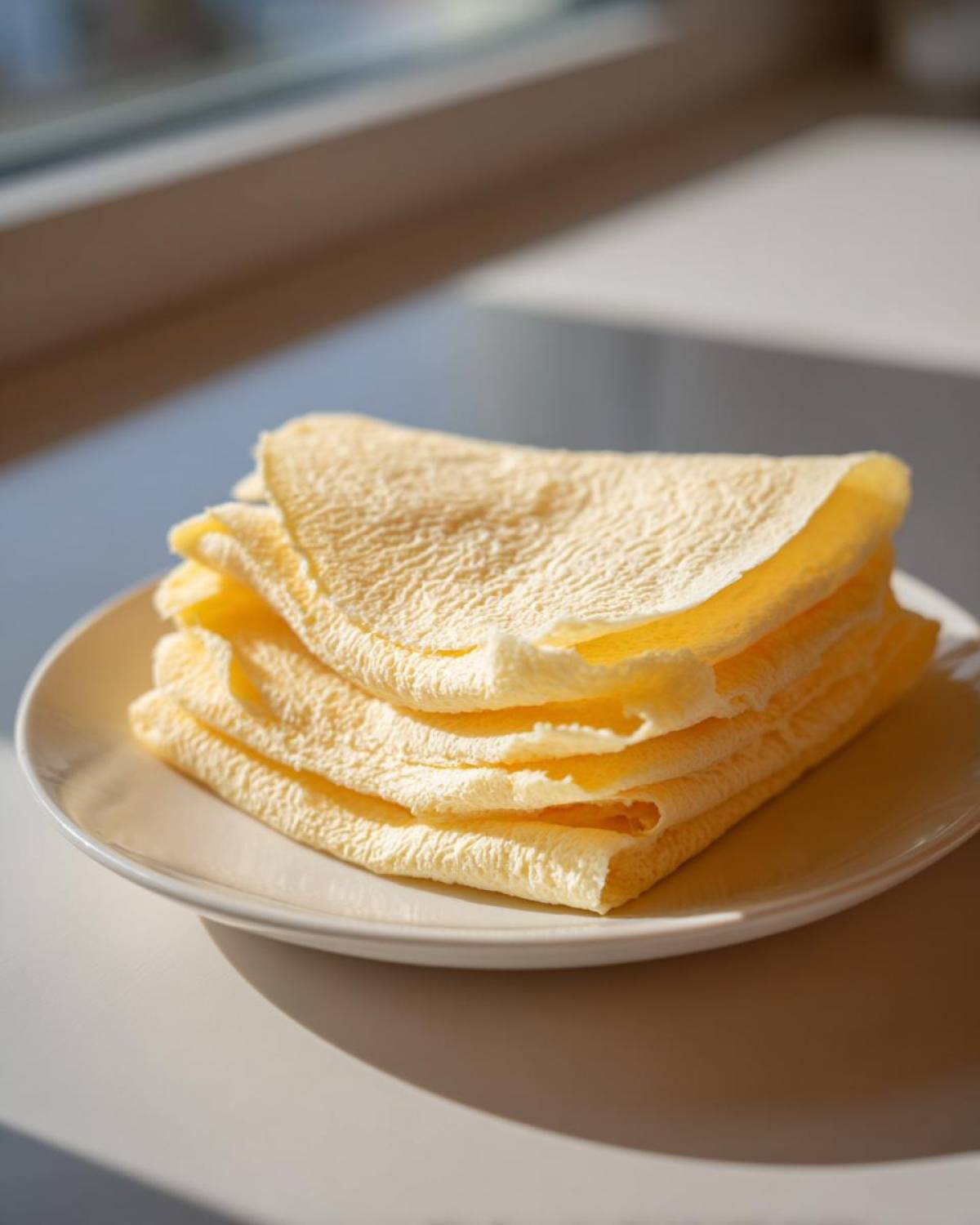 A stack of freshly made, soft corn tortillas folded in quarters on a white plate, illuminated by sunlight.