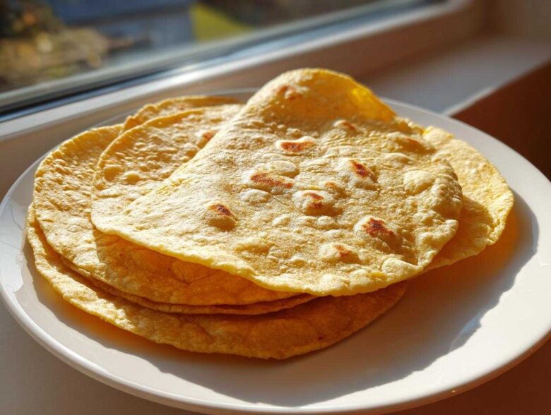 A stack of freshly made, soft corn tortillas with light brown toasted spots, resting on a white plate near a sunlit window.