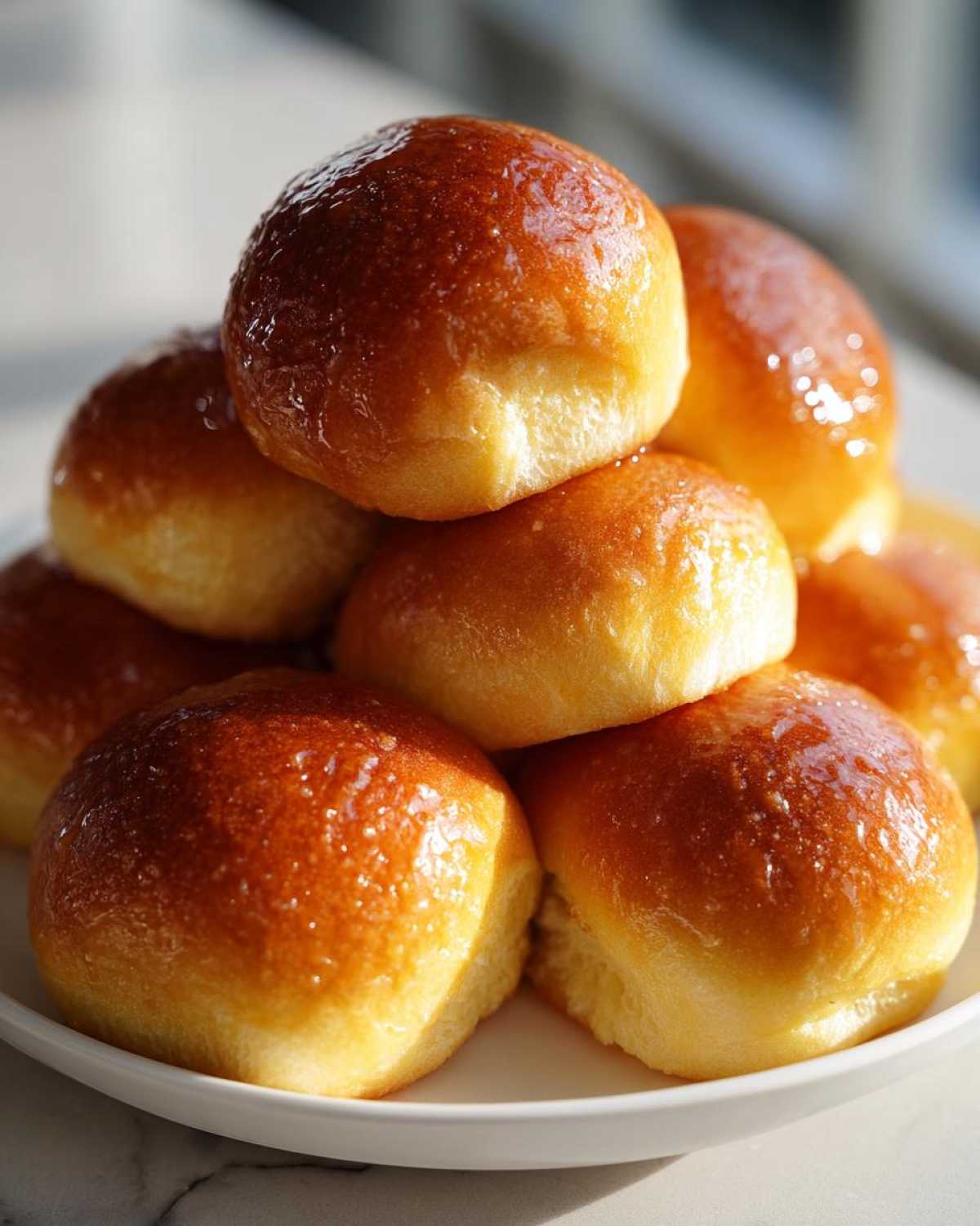 A stack of freshly baked, golden brown, and shiny dinner rolls piled on a white plate.