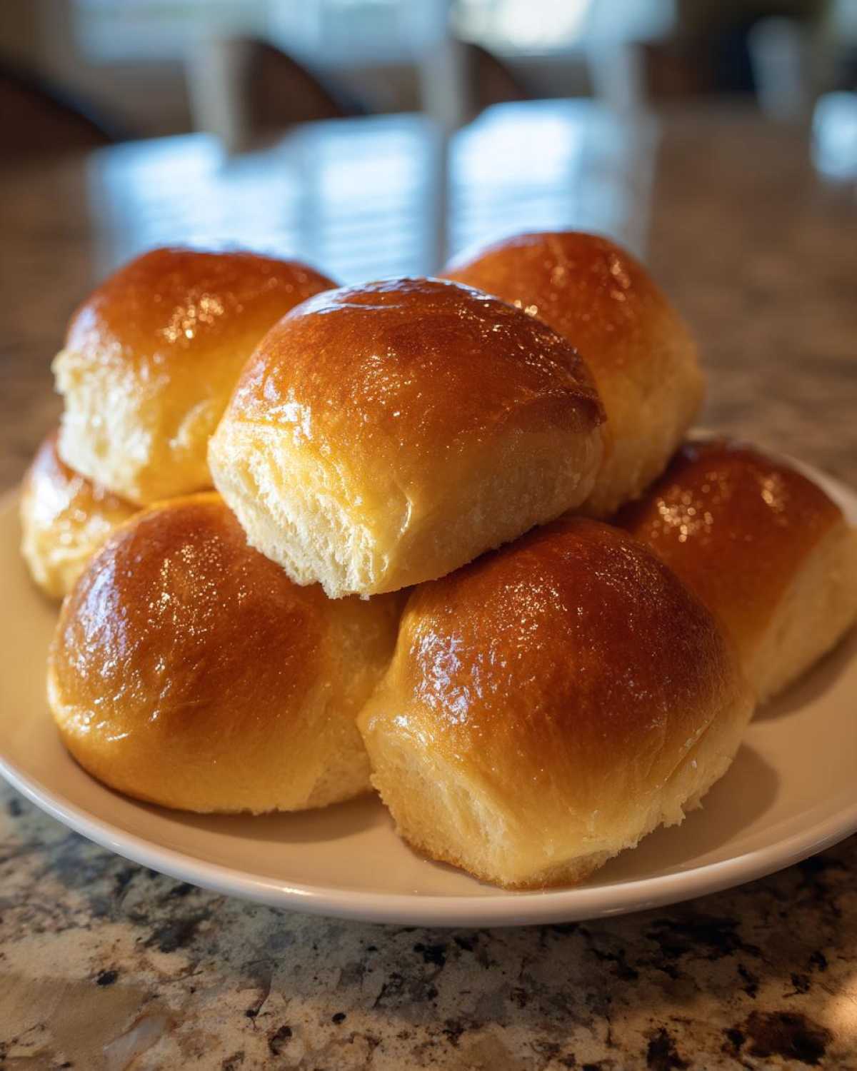 A stack of freshly baked, golden brown, shiny dinner rolls piled on a white plate.
