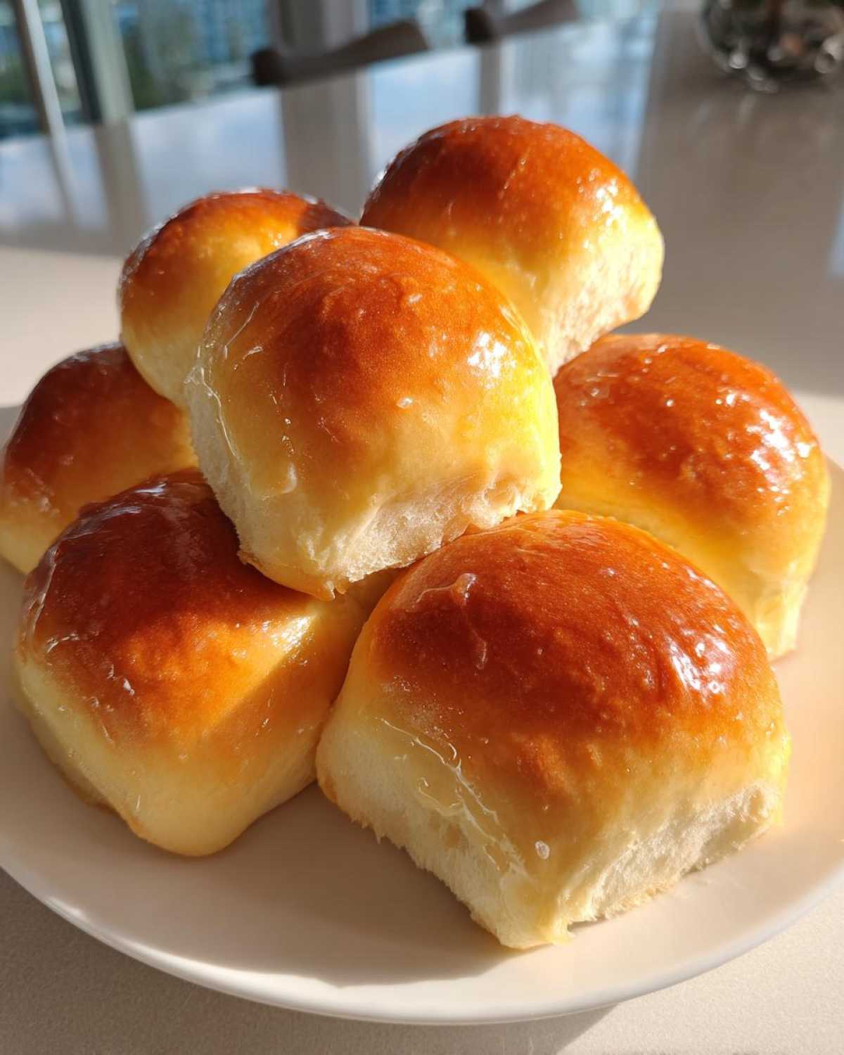A stack of six golden-brown, glossy dinner rolls piled on a white plate, ready to serve.