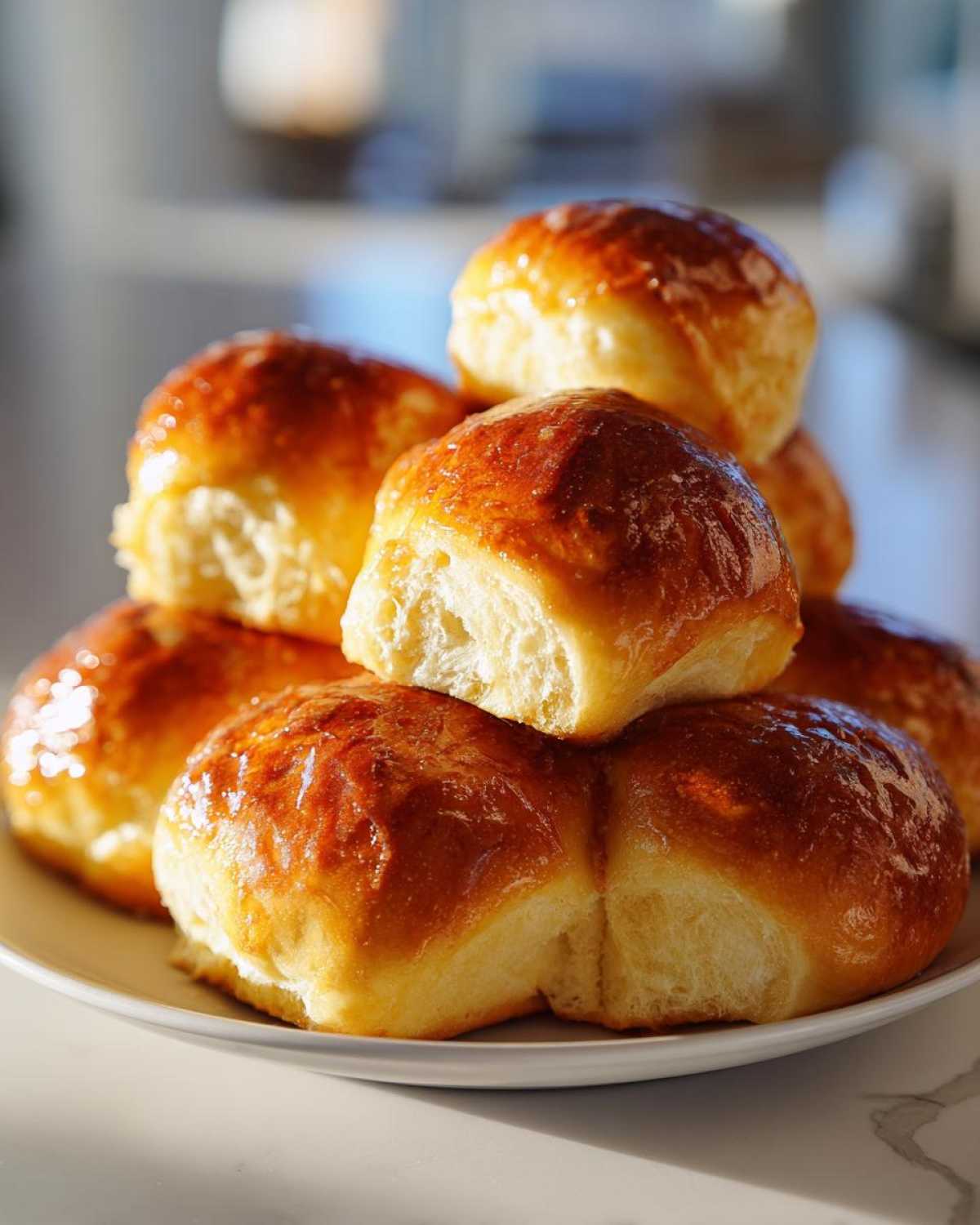 A stack of golden-brown, glazed soft dinner rolls piled on a white plate, with one roll broken open to show the fluffy interior.