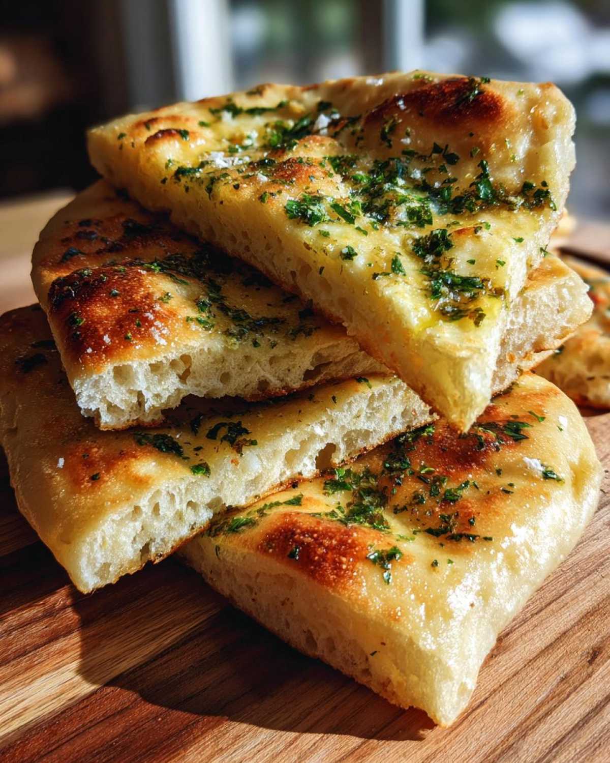Stack of soft, fluffy naan bread recipe pieces brushed with garlic butter and topped with parsley.