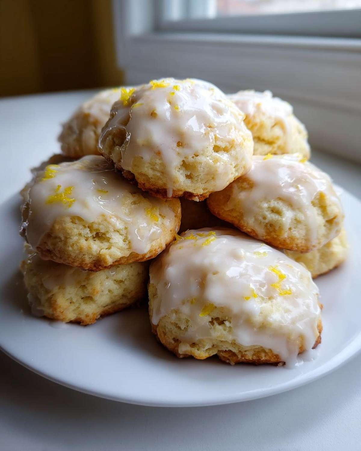 A stack of soft, round ricotta cookies topped with a thick white glaze and bright yellow lemon zest.