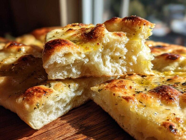 A close-up cross-section showing the fluffy, airy interior of freshly baked naan bread, drizzled with oil and herbs.