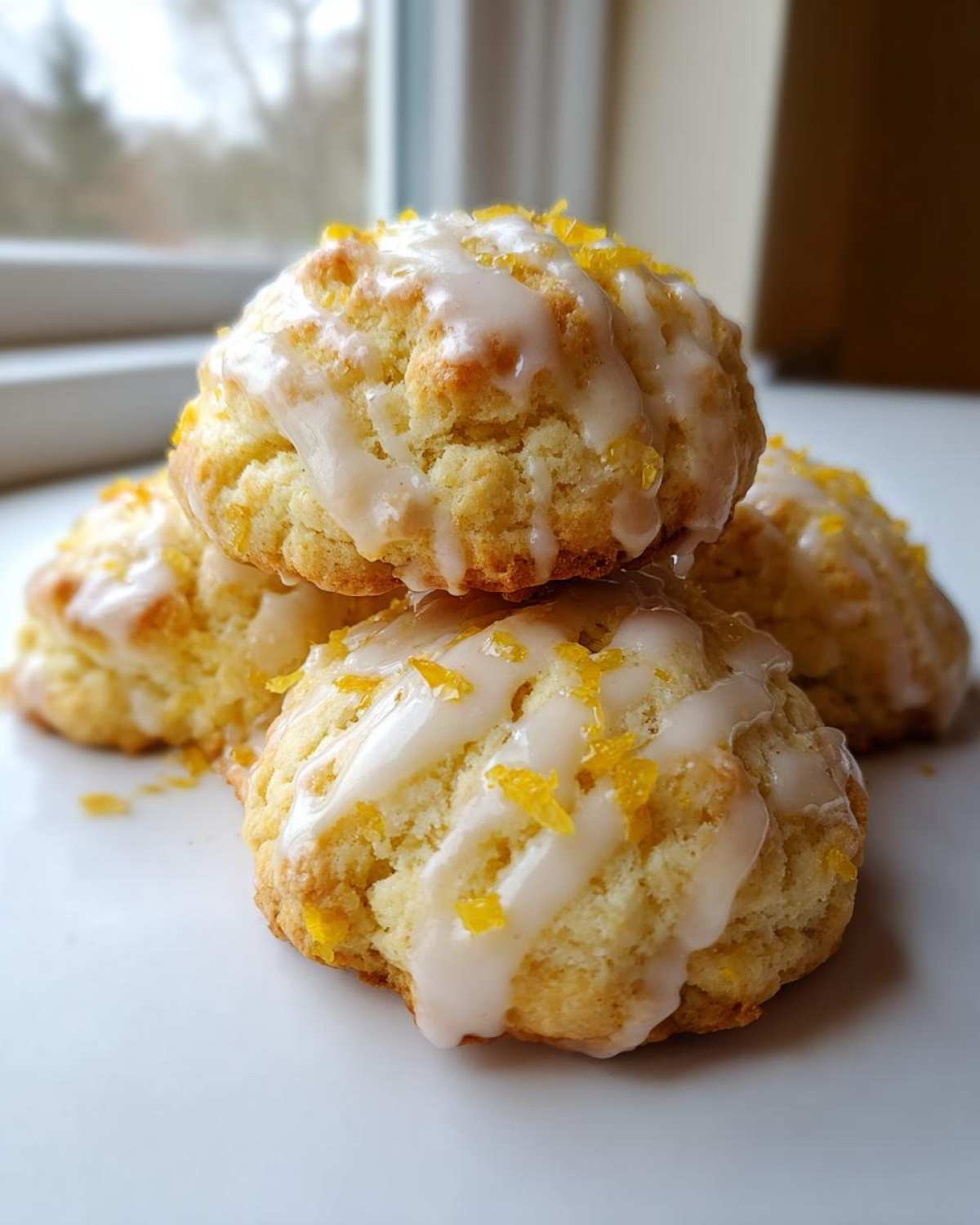 A stack of soft ricotta cookies drizzled with white glaze and topped with bright yellow lemon zest.