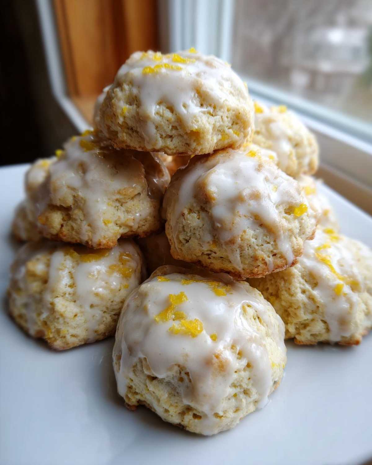 A stack of soft ricotta cookies topped with a white glaze and bright yellow lemon zest.