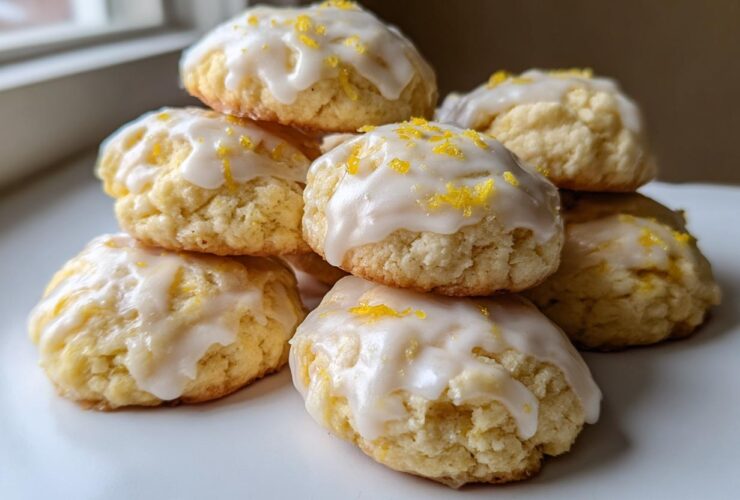 A stack of soft ricotta cookies topped with white glaze and bright yellow lemon zest.