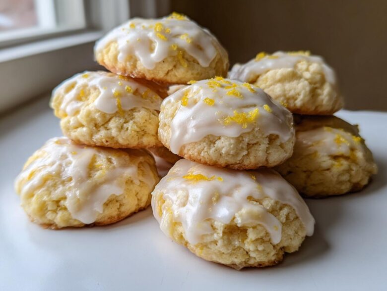 A stack of soft ricotta cookies topped with white glaze and bright yellow lemon zest.
