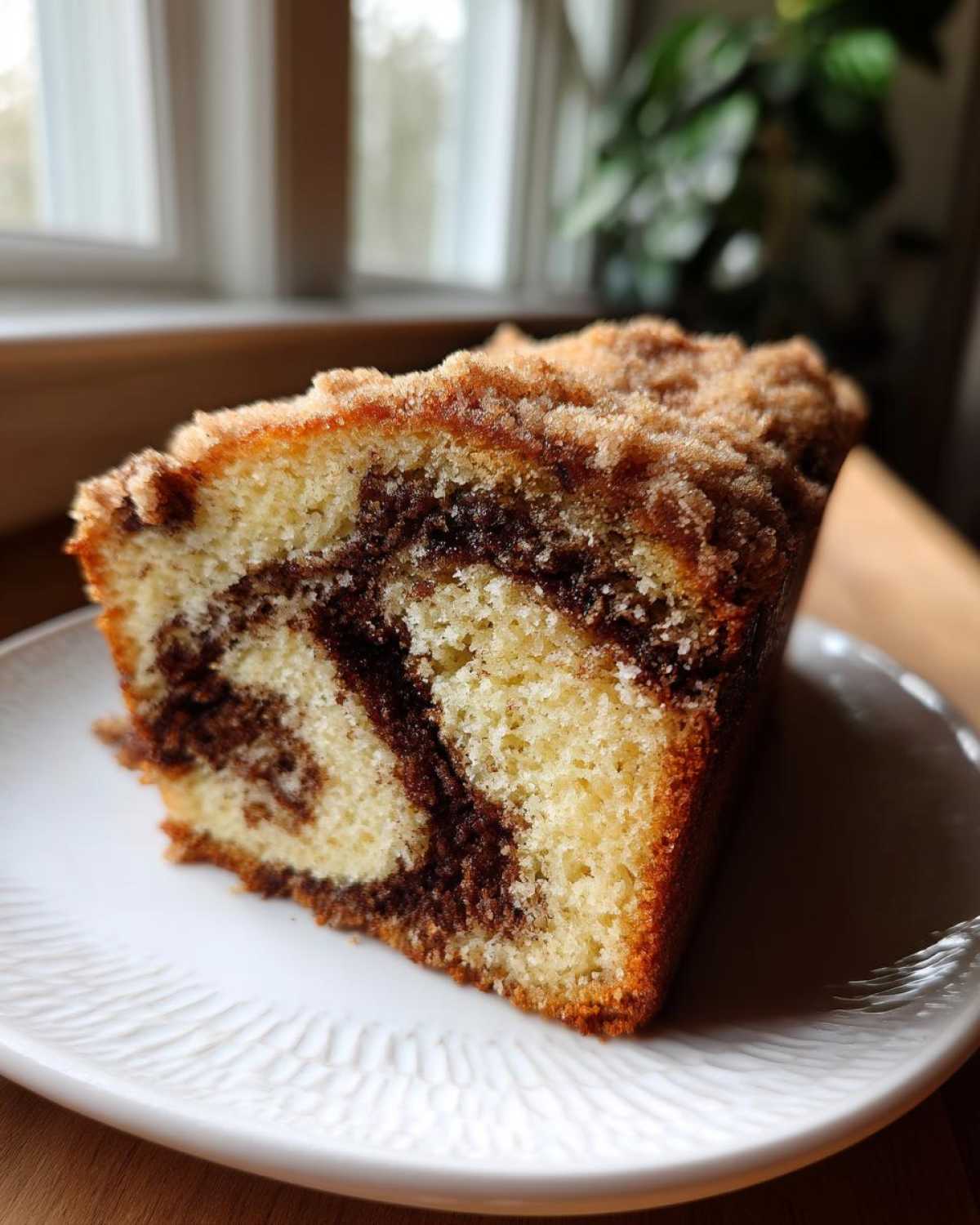 Close-up of a slice of sour cream coffee cake featuring a rich cinnamon swirl and crumb topping.
