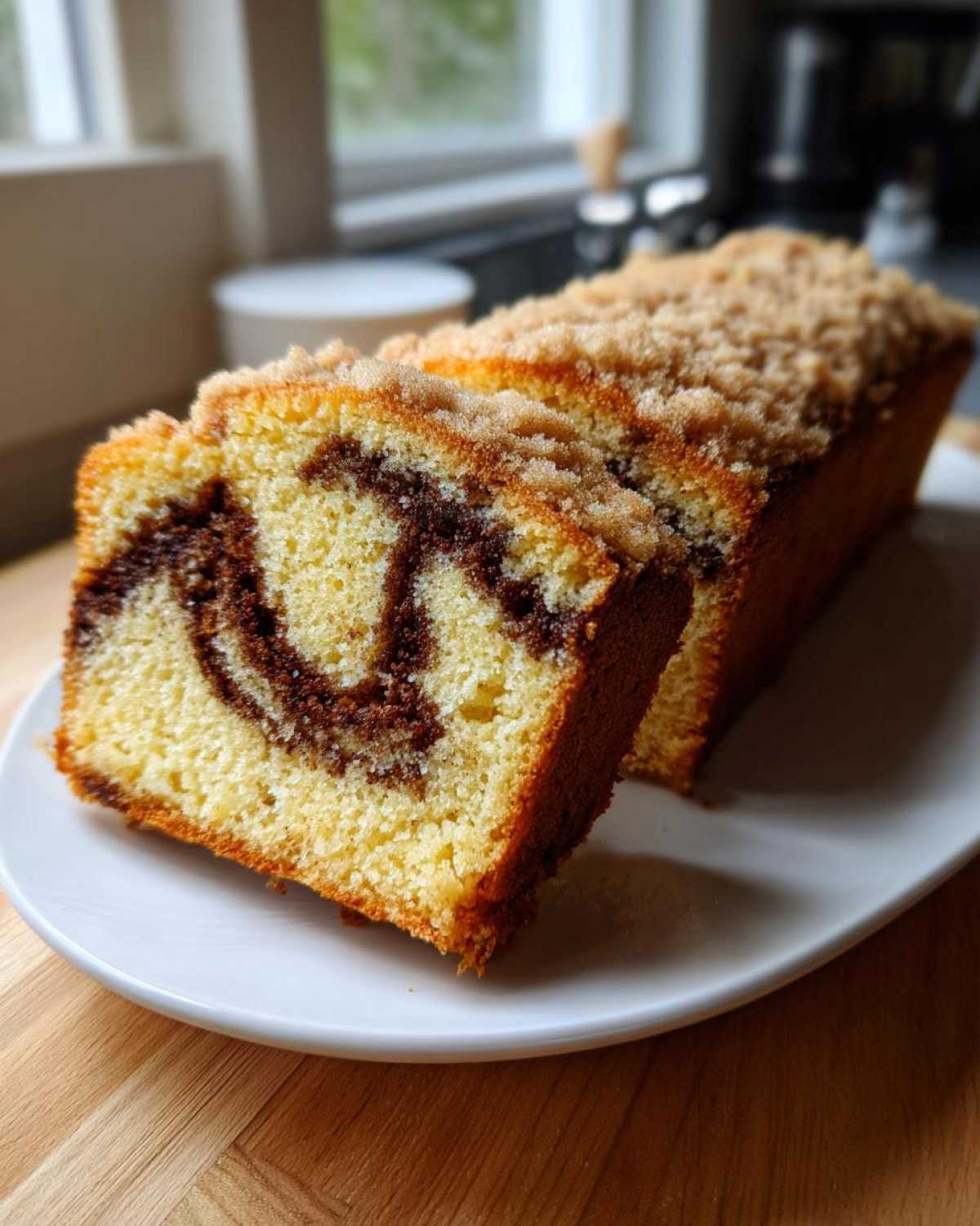 A slice of marbled sour cream coffee cake with a crumb topping served on a white plate.