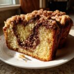 Close-up of a moist slice of sour cream coffee cake showing a rich cinnamon swirl and crumb topping.
