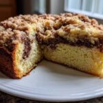 A slice removed from a whole sour cream coffee cake showing the moist yellow cake, cinnamon swirl, and thick streusel topping.