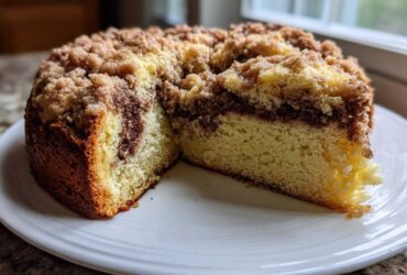 A slice removed from a whole sour cream coffee cake showing the moist yellow cake, cinnamon swirl, and thick streusel topping.