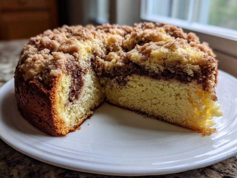 A slice removed from a whole sour cream coffee cake showing the moist yellow cake, cinnamon swirl, and thick streusel topping.