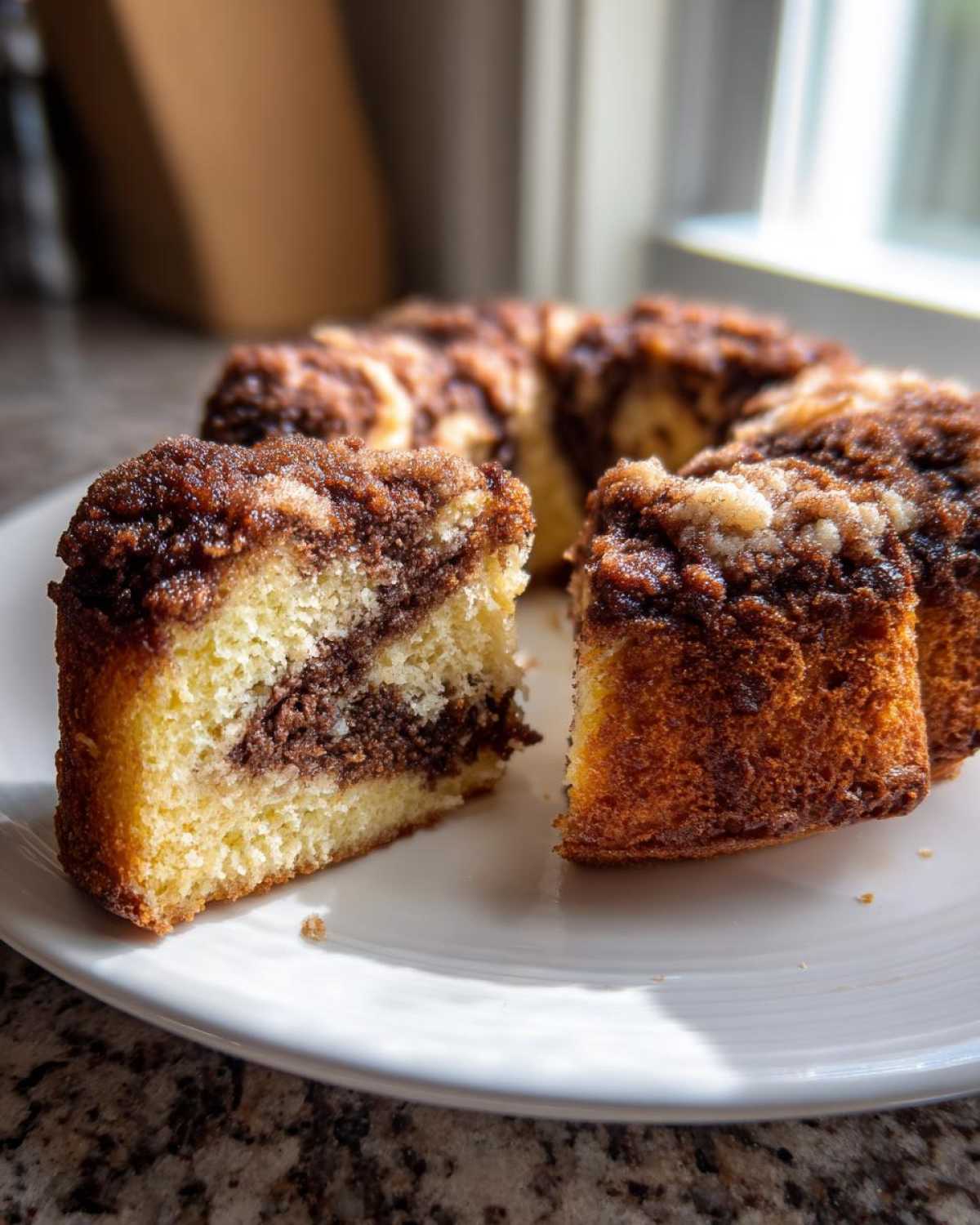 Close-up of a slice of moist sour cream coffee cake showing the cinnamon swirl and crumb topping.