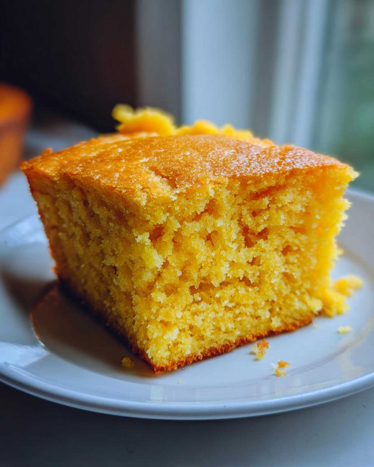 Close-up of a golden, moist square slice of sourdough cornbread served on a white plate.