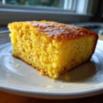 A close-up of a golden, moist slice of sourdough cornbread with a shiny glaze, served on a white plate.