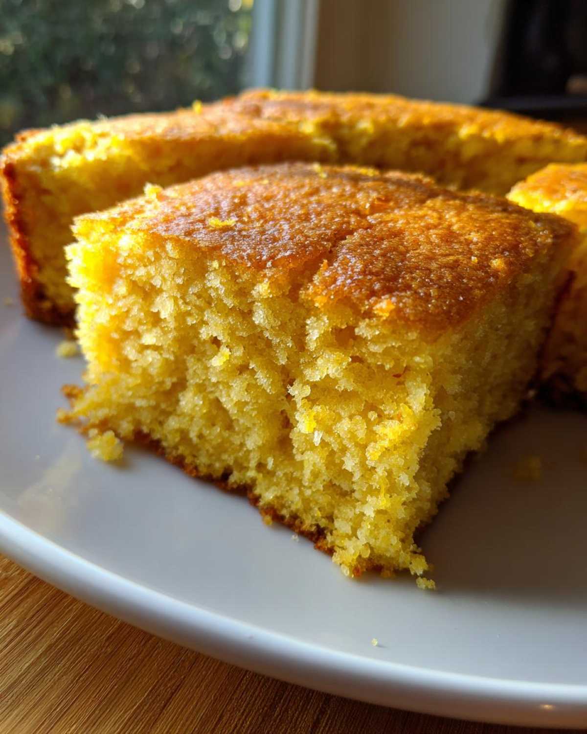A close-up view of a square slice of golden yellow sourdough cornbread on a white plate.
