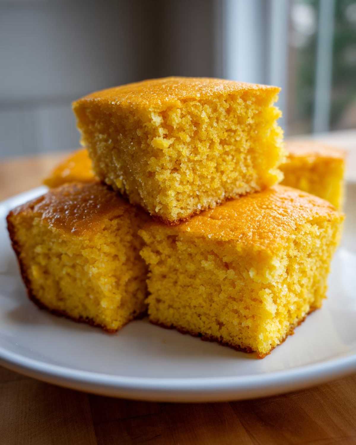 Close-up of three golden, moist slices of sourdough cornbread stacked on a white plate.