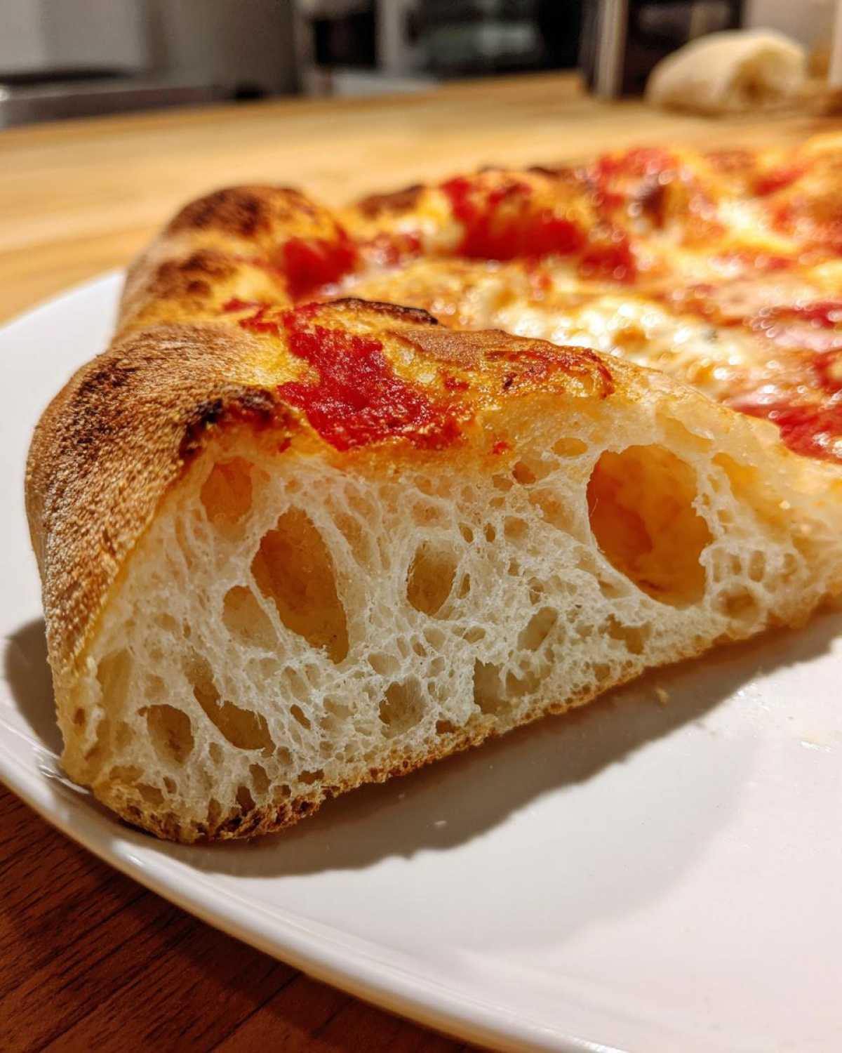 Close-up of a slice of pizza showing the open, airy crumb structure made from sourdough discard pizza dough.