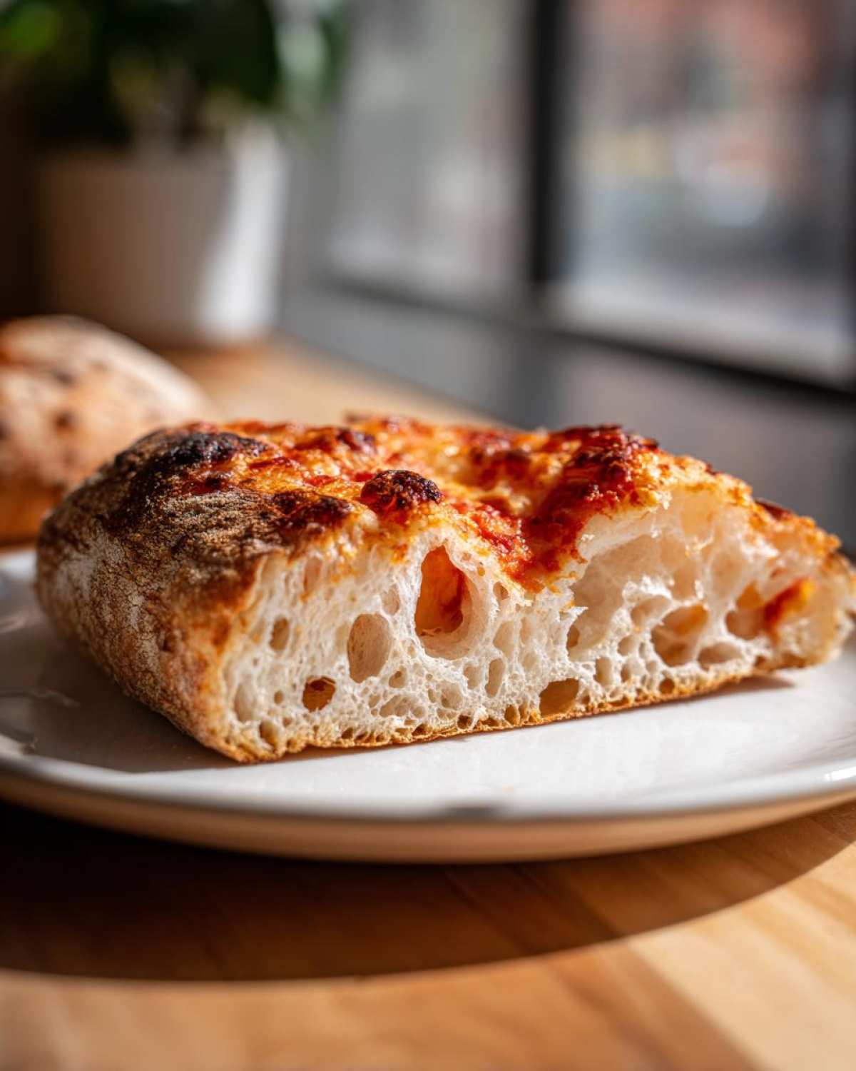 Close-up of a slice of pizza showing the airy crumb structure made from sourdough discard pizza dough.