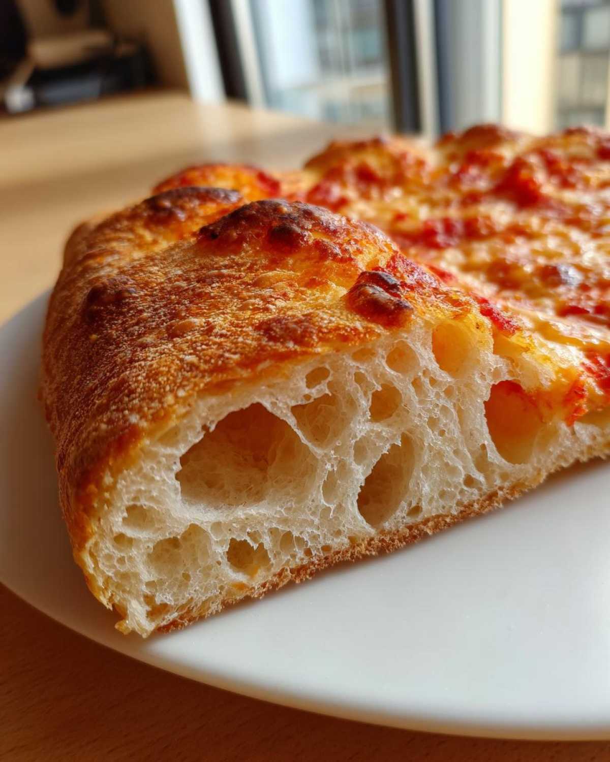 Close-up of a slice of pizza showing the airy, open crumb structure achieved with sourdough discard pizza dough.