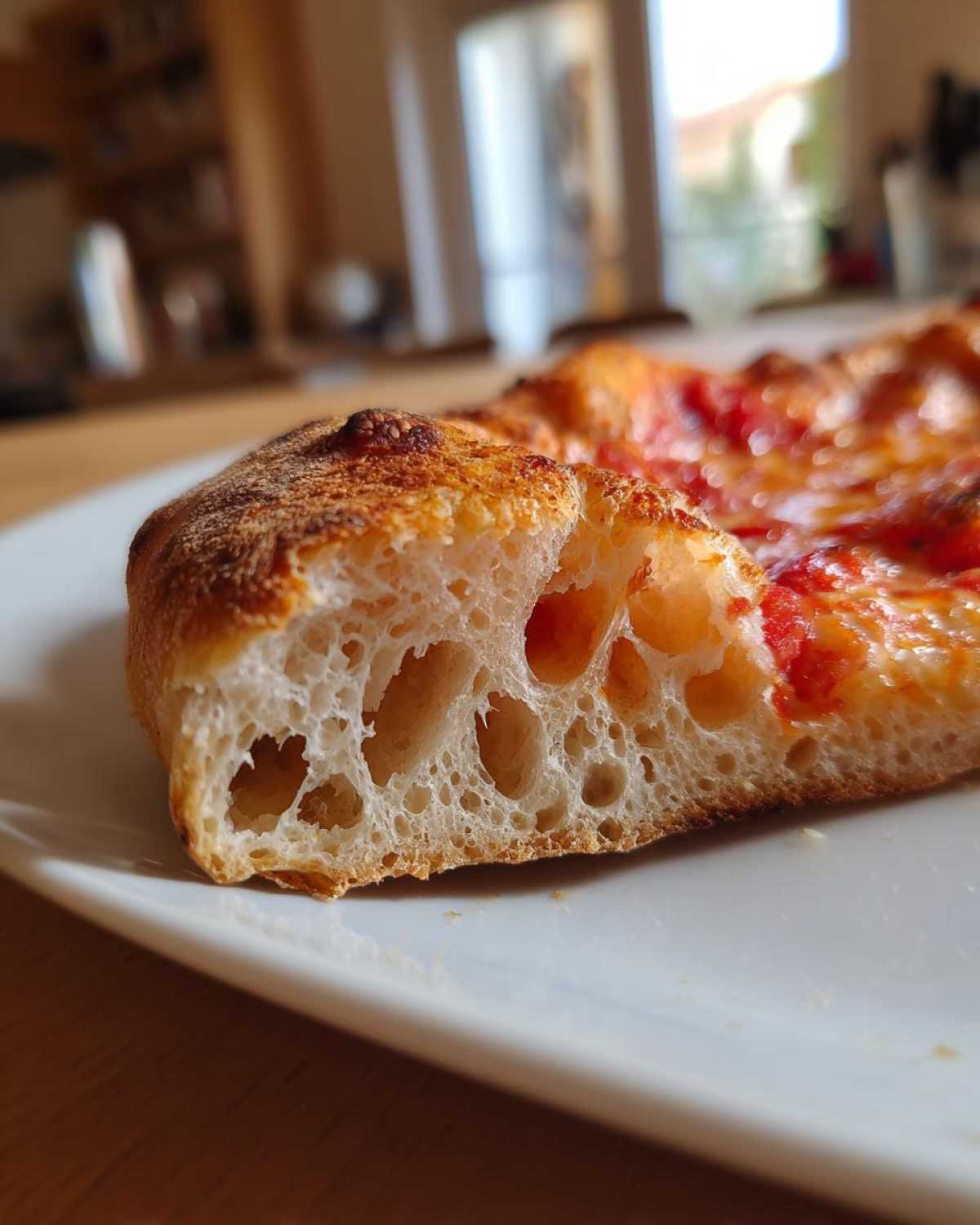 Close-up of a slice of pizza showing the airy, open crumb structure made from sourdough discard pizza dough.
