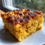 A square slice of rich, cheesy southern baked macaroni and cheese with a perfectly browned, crusty top.