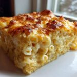 A close-up of a square slice of creamy southern baked macaroni and cheese with a golden-brown, bubbly cheese crust.