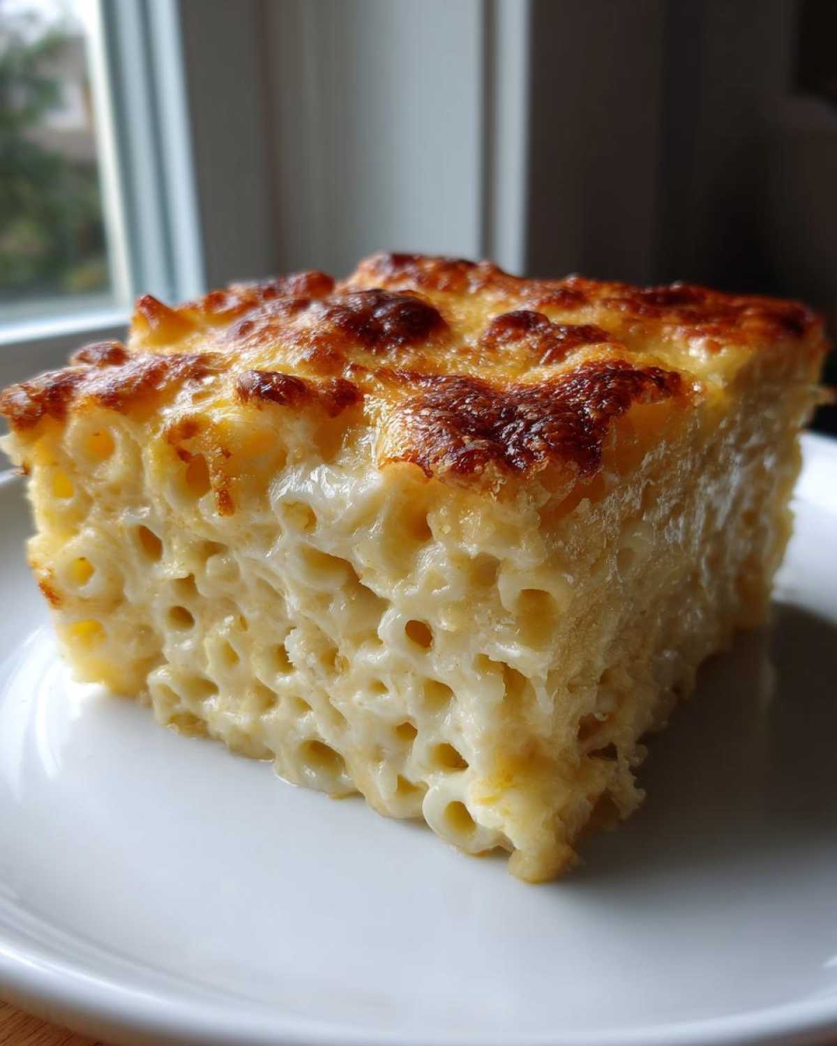A thick, creamy slice of southern baked macaroni and cheese with a golden-brown, bubbly cheese crust.