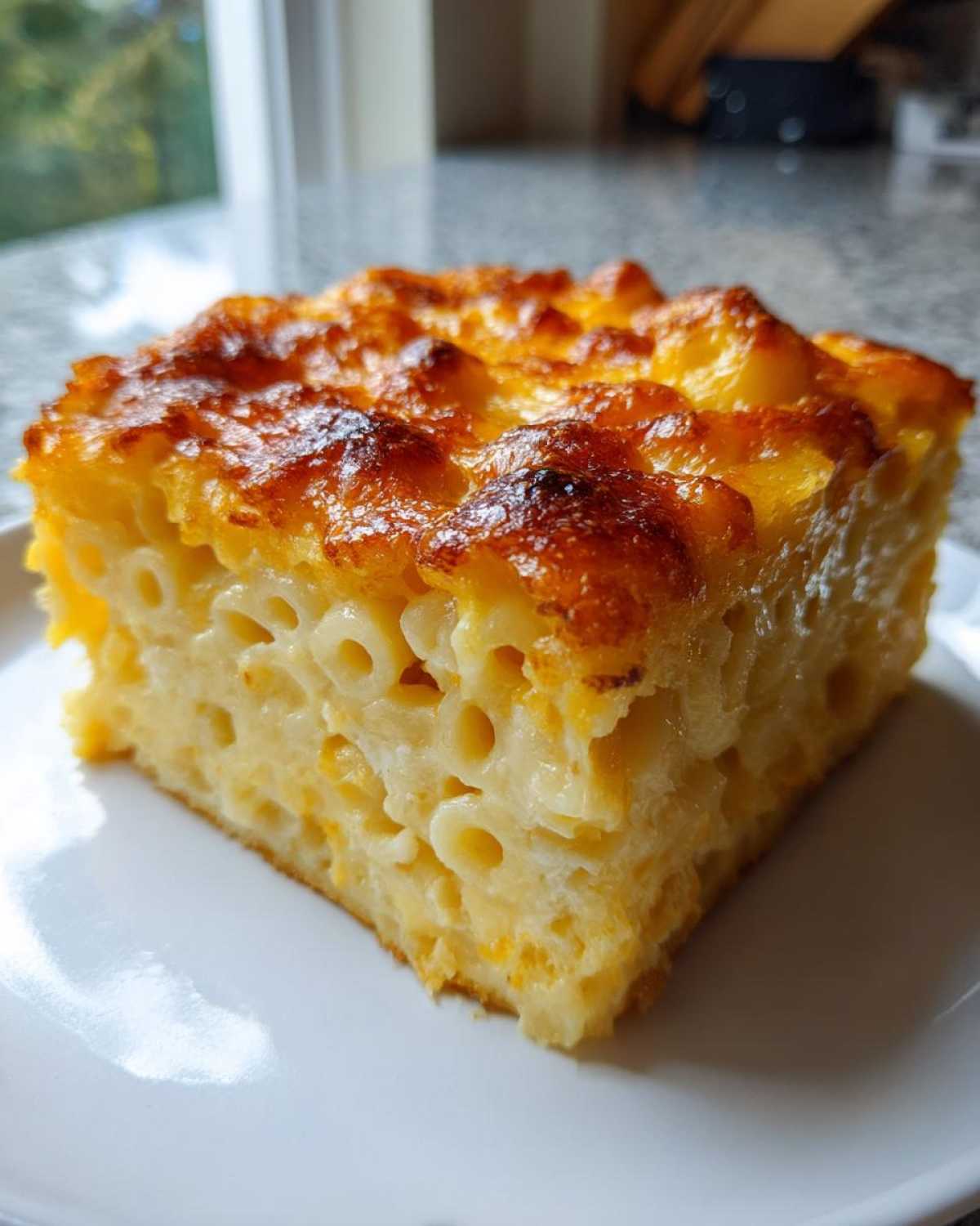 A thick, square serving of southern baked macaroni and cheese with a deeply browned, cheesy crust.