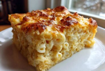 A close-up of a square slice of creamy southern baked macaroni and cheese with a golden-brown, bubbly cheese crust.