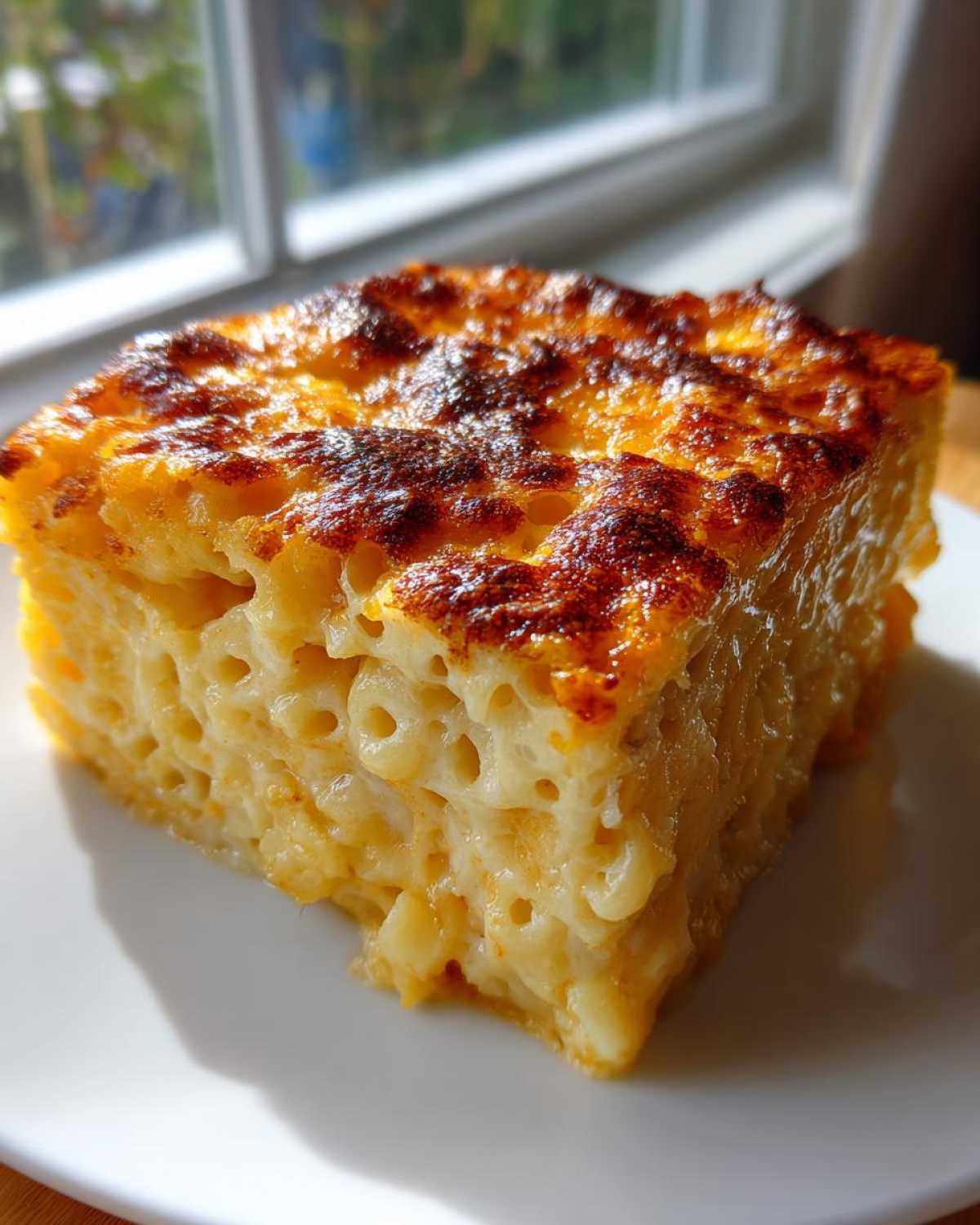 A square slice of creamy southern baked macaroni and cheese with a deeply browned, cheesy top crust.