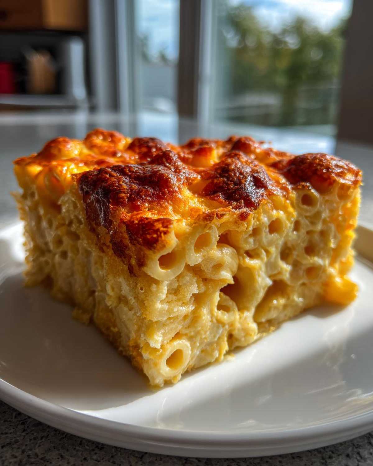 A square slice of creamy southern baked macaroni and cheese with a deeply browned, cheesy top crust.