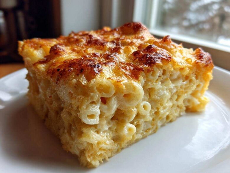 A close-up of a square slice of creamy southern baked macaroni and cheese with a golden-brown, bubbly cheese crust.