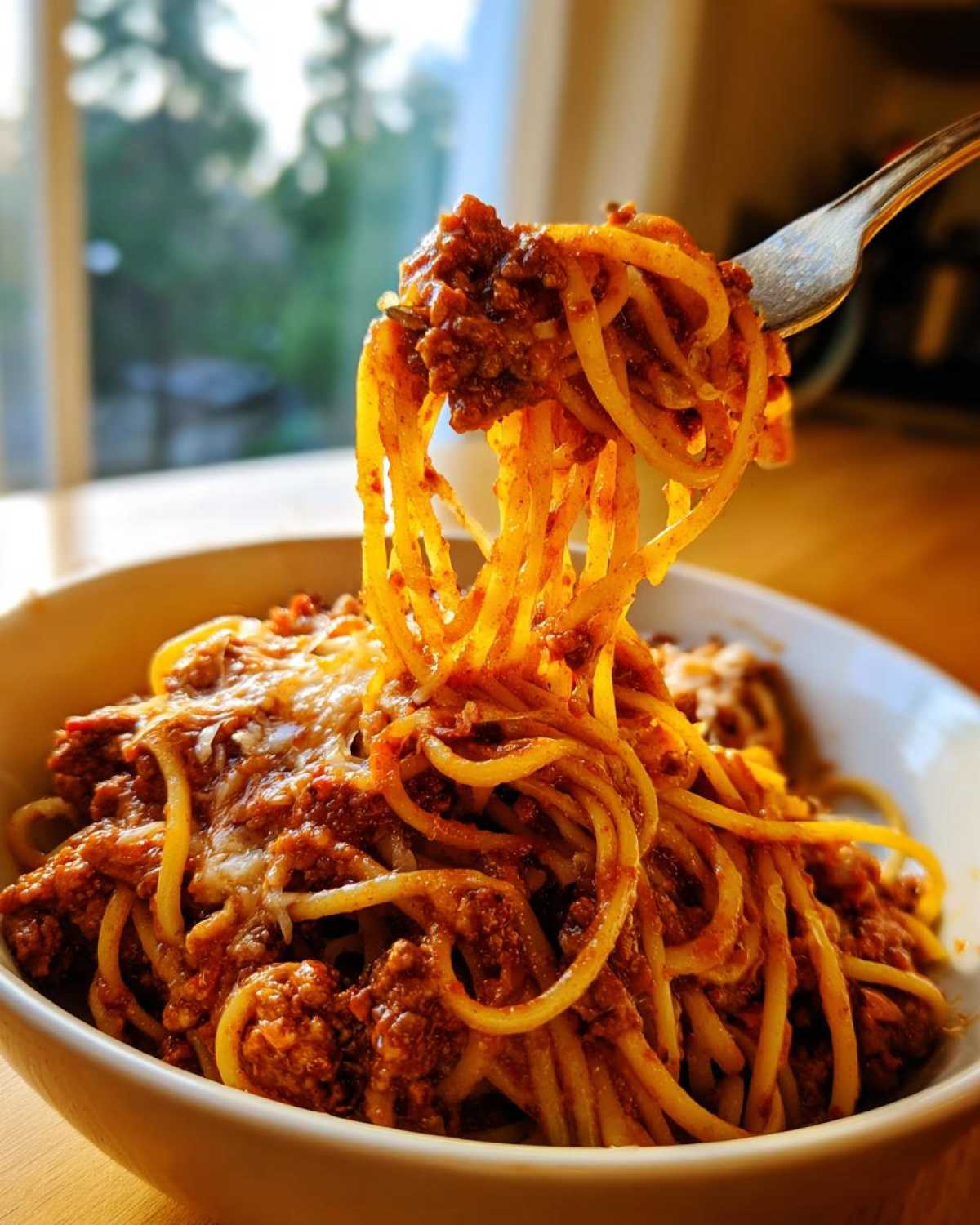 A fork lifts spaghetti coated in rich bolognese sauce from a white bowl, topped with melted cheese.