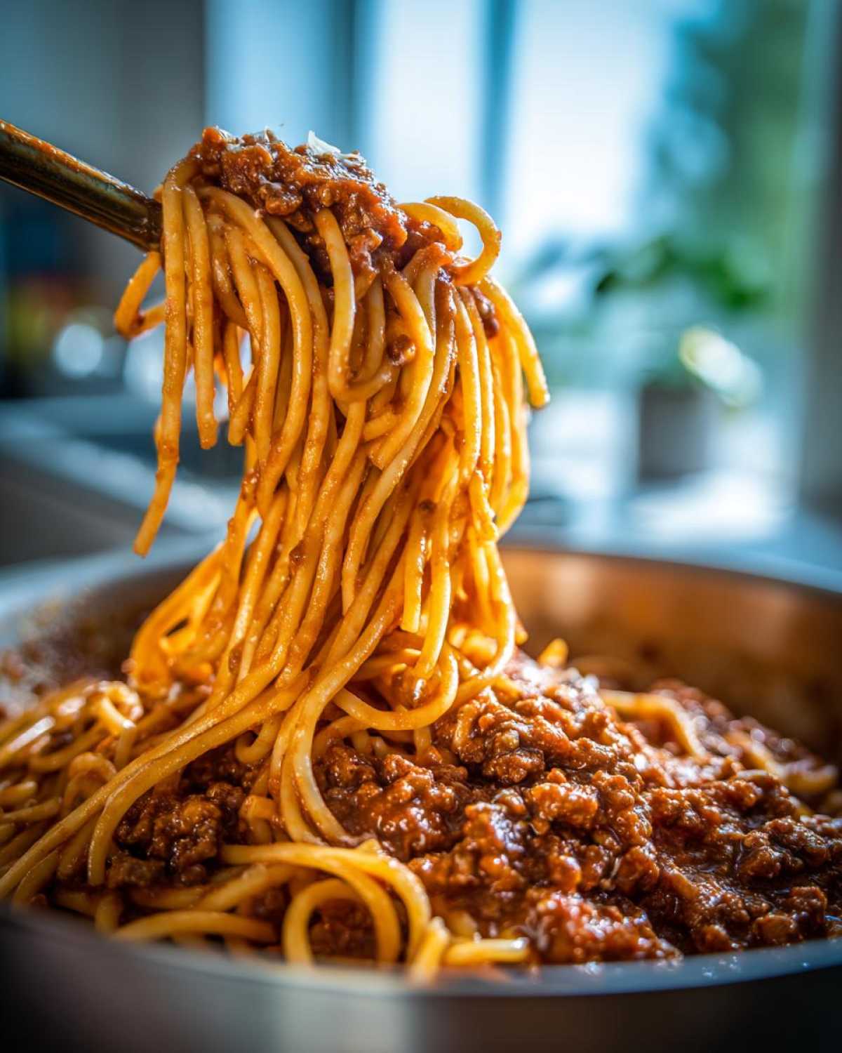 Close-up of spaghetti being lifted from a pan, coated heavily in rich, meaty bolognese sauce.