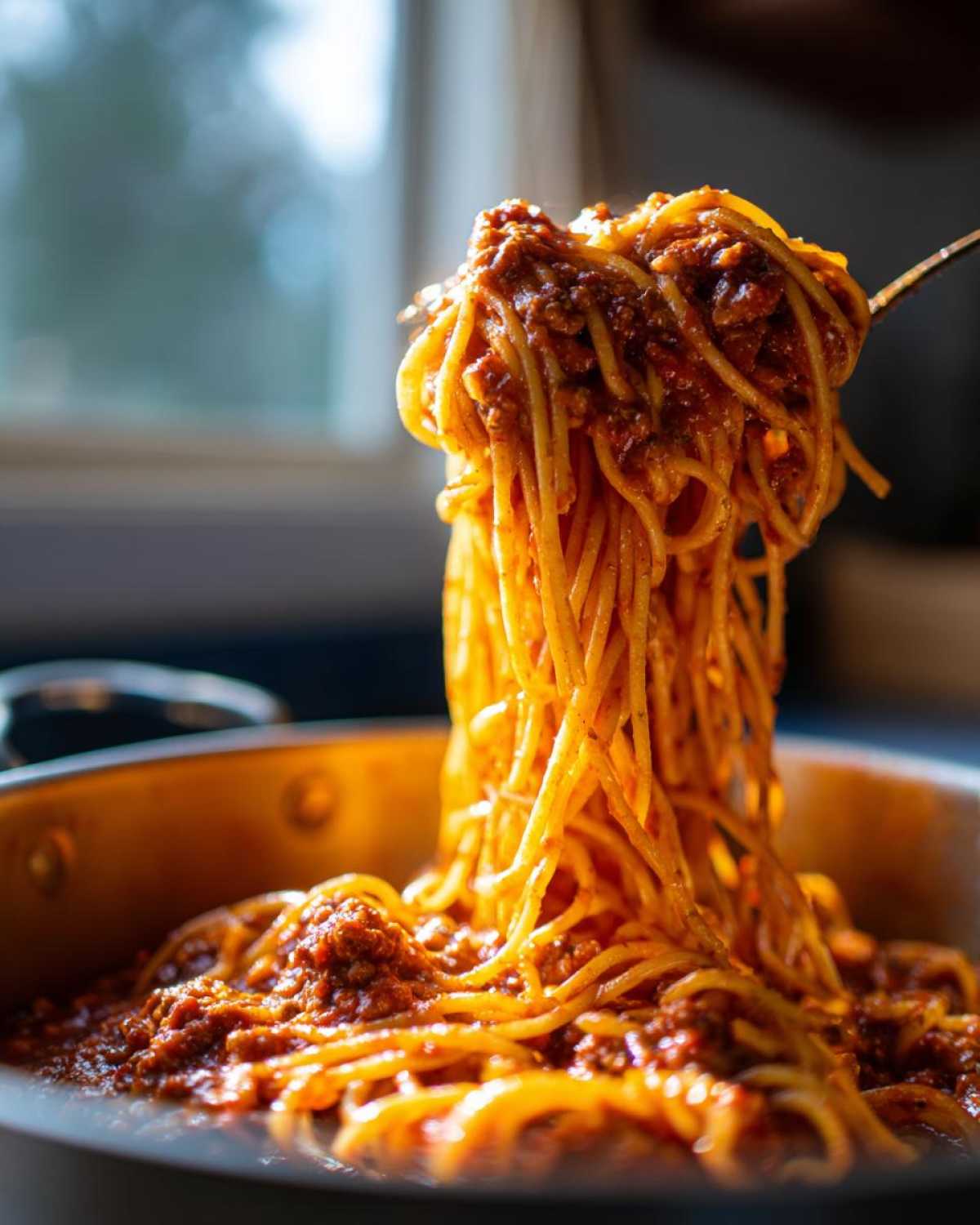 A fork lifts a generous twirl of spaghetti heavily coated in rich bolognese sauce from a pan.