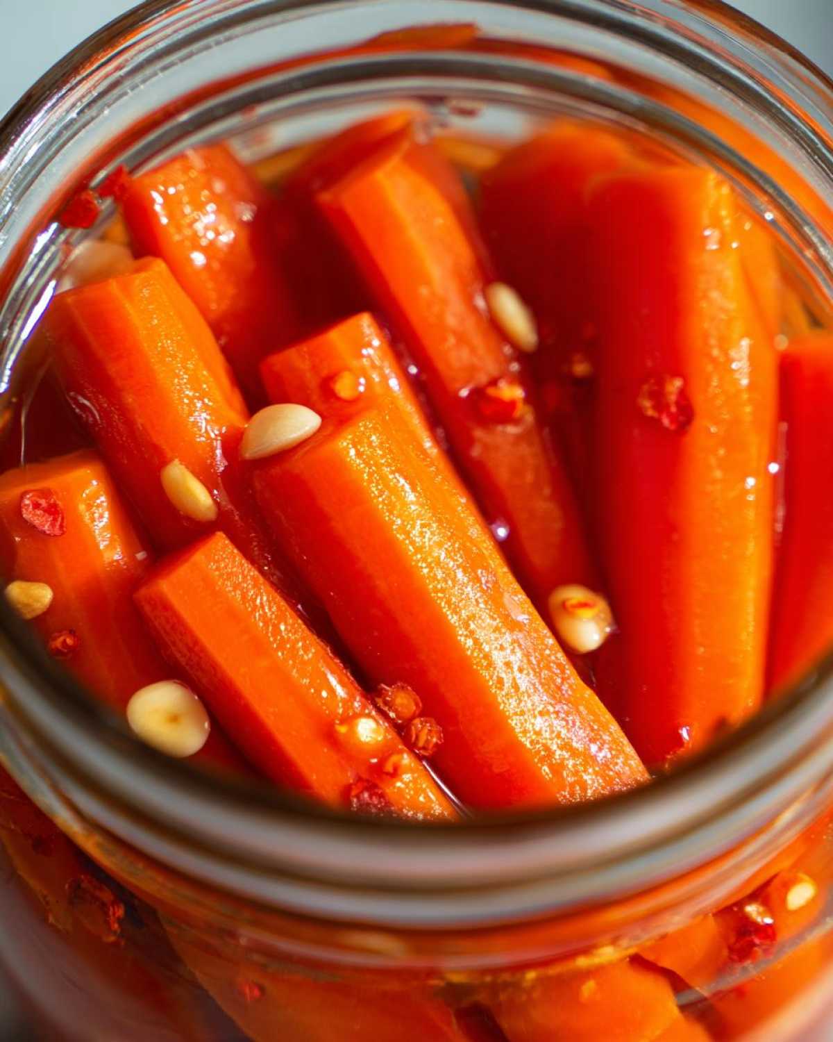 Close-up view of bright orange pickled carrots submerged in brine with garlic cloves and chili flakes.