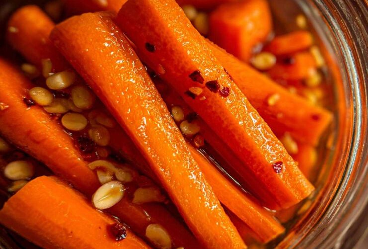 Close-up of bright orange pickled carrots sticks submerged in brine with visible chili flakes and garlic cloves.